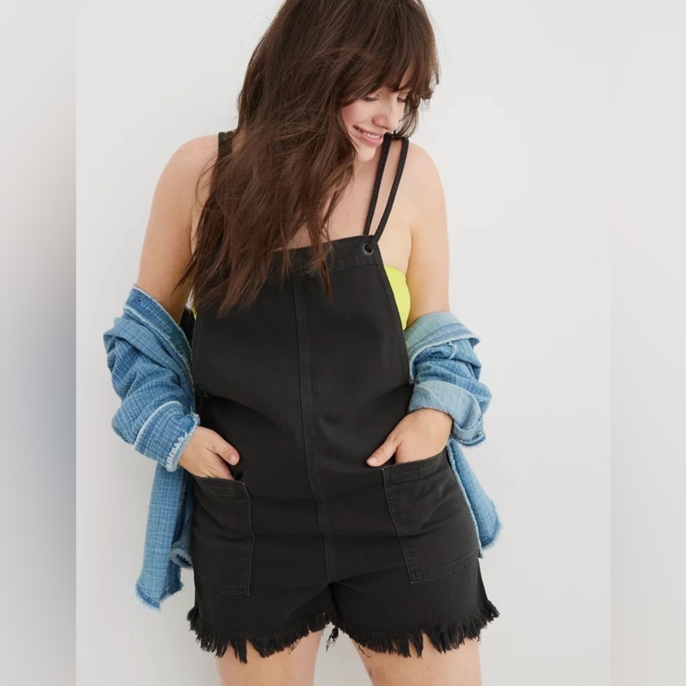 Aerie Black Distressed Denim Double Strap Shortall